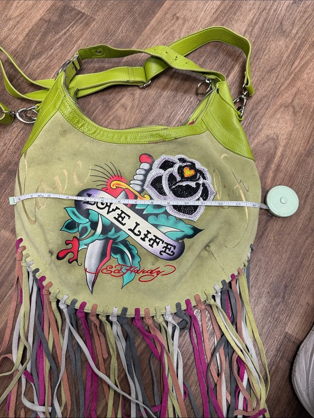 RARE Ed Hardy Yellow-Green 'Love Life' Fringe Y2K Hobo Bag